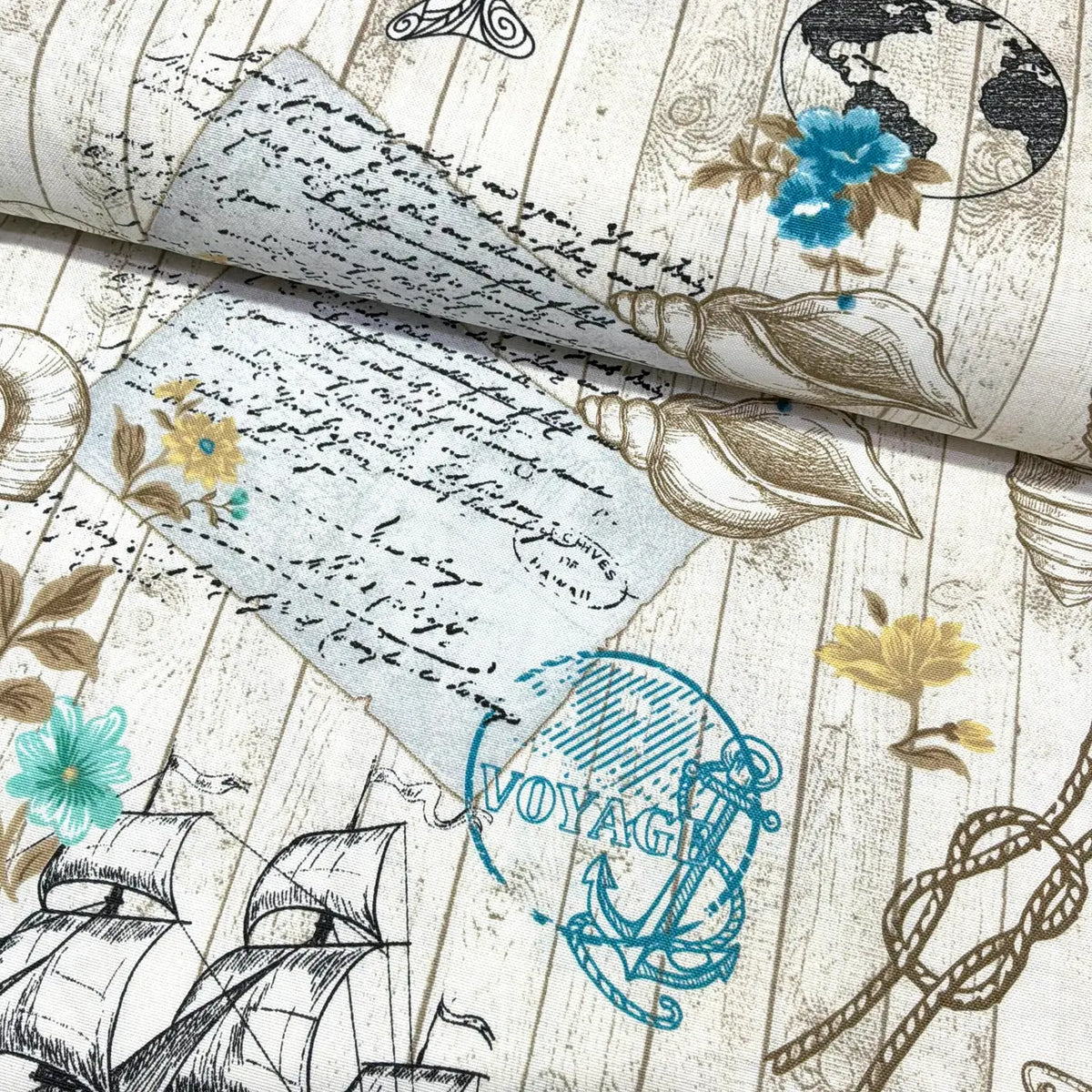 Nautical-themed design with ship, anchor, and floral elements on a wooden background.