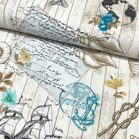 Nautical-themed design with ship, anchor, and floral elements on a wooden background.