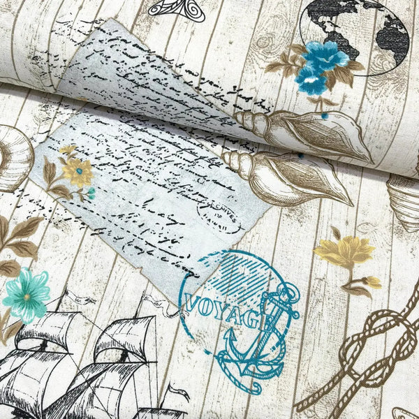 Nautical-themed design with ship, anchor, and floral elements on a wooden background.