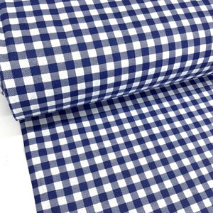 Navy blue and white gingham check 100% cotton poplin fabric for quilting, dressmaking, patchwork and craft projects.