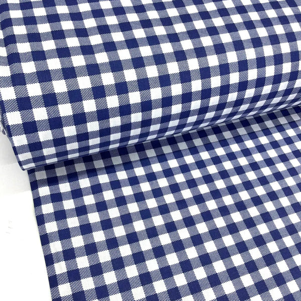 Navy blue and white gingham check 100% cotton poplin fabric for quilting, dressmaking, patchwork and craft projects.