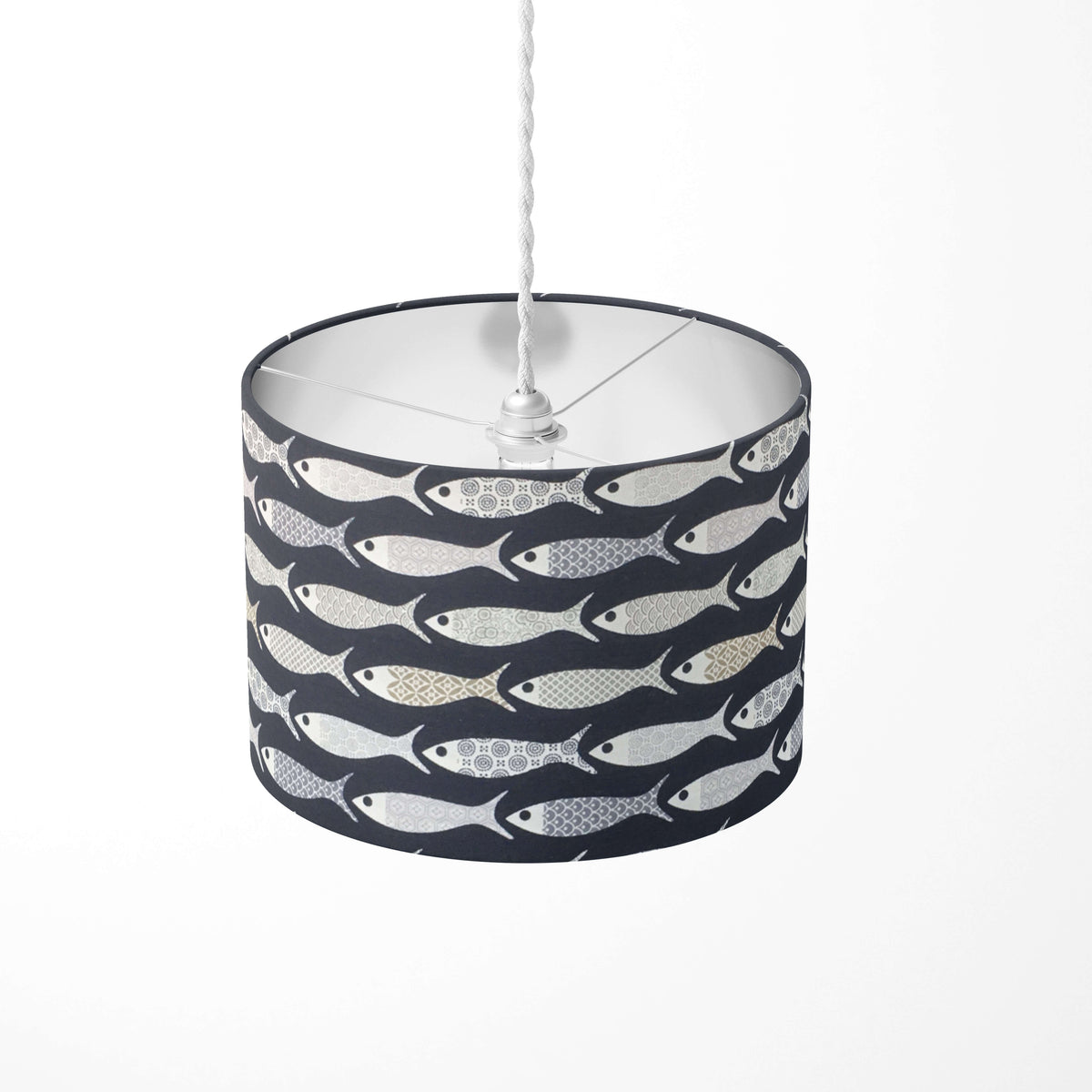 Navy blue and grey nautical fish pattern ceiling lampshade.