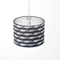 Navy blue and grey nautical fish pattern ceiling lampshade.