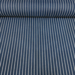 Roll of blue white vertical pinstripe cotton curtain fabric