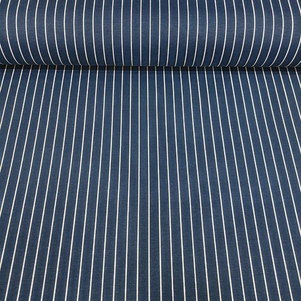 Roll of blue white vertical pinstripe cotton curtain fabric