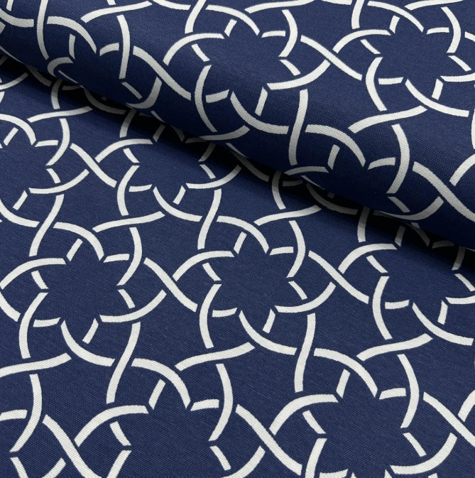 Navy blue and white floral tile pattern modern moroccan upholstery curtain fabric.