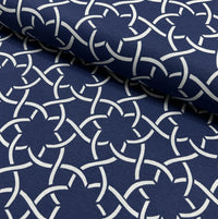 Navy blue and white floral tile pattern modern moroccan upholstery curtain fabric.