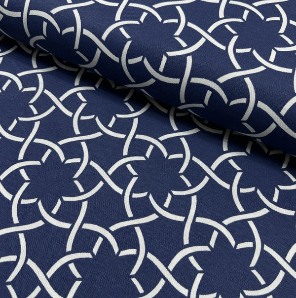 Navy blue and white floral tile pattern modern moroccan upholstery curtain fabric.