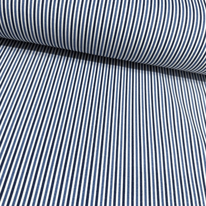 Navy blue and white thin striped fabric for upholstery curtain soft furnishing and home decor.
