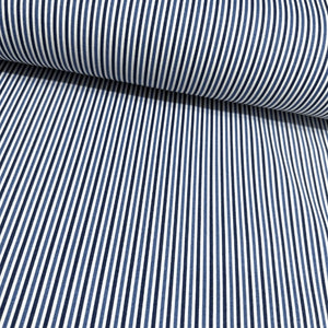 Navy blue and white thin striped fabric for upholstery curtain soft furnishing and home decor.
