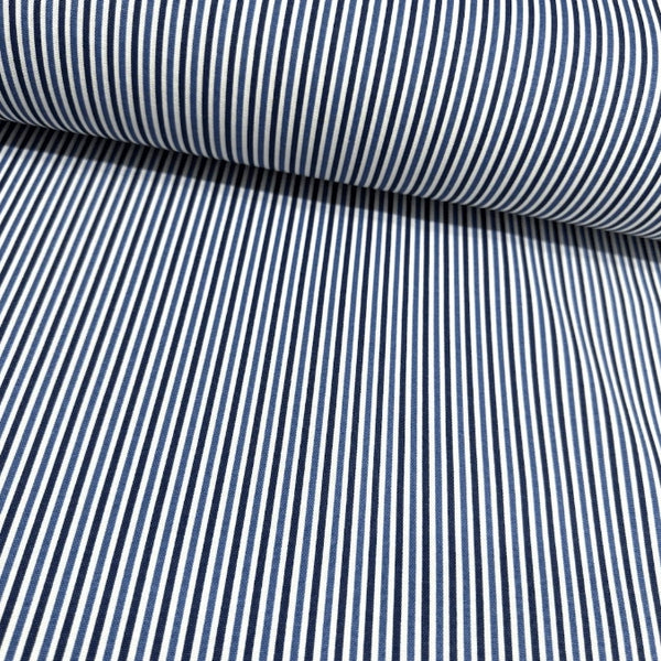 Navy blue and white thin striped fabric for upholstery curtain soft furnishing and home decor.