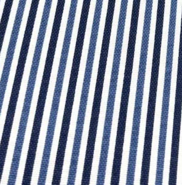 Close-up of navy blue and white striped fabric pattern.