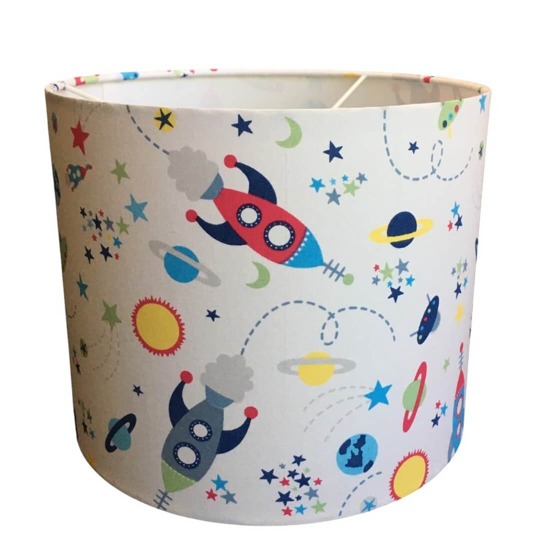 Cylindrical drum lampshade with space-themed design featuring rockets, planets, and stars on a white background.