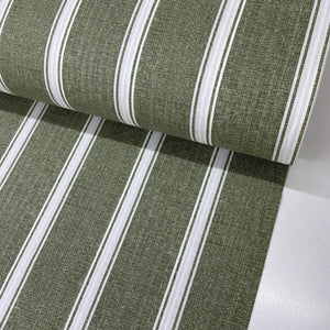 Olive green ticking stripe cotton poplin fabric with classic white vertical stripes and a rustic linen-look print, ideal for dressmaking, quilting, patchwork and home décor.