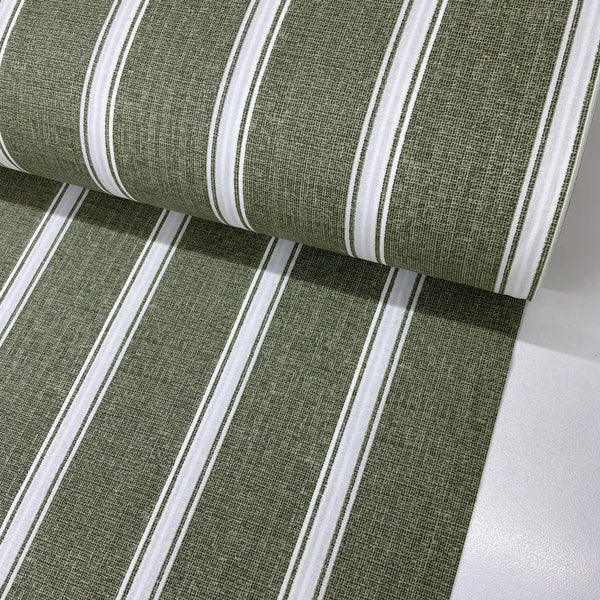 Olive green ticking stripe cotton poplin fabric with classic white vertical stripes and a rustic linen-look print, ideal for dressmaking, quilting, patchwork and home décor.