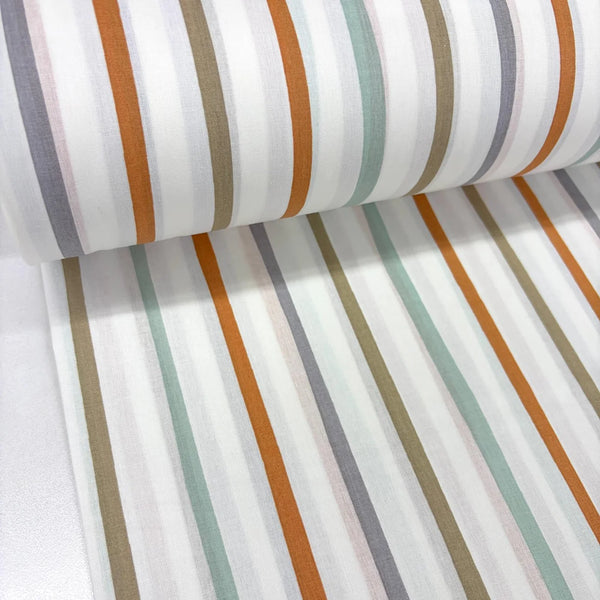 Orange and duck egg painted stripe cotton poplin fabric with pastel grey, taupe and ivory stripes, ideal for dressmaking, quilting, patchwork and craft projects.