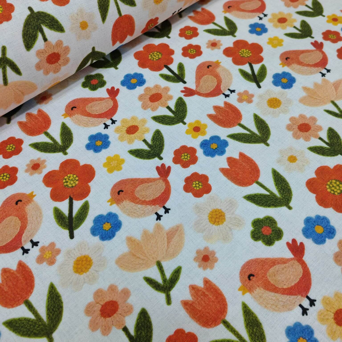 Orange and green upholstery curtain fabric featuring scandinavia bird, tulip and flower patterns.