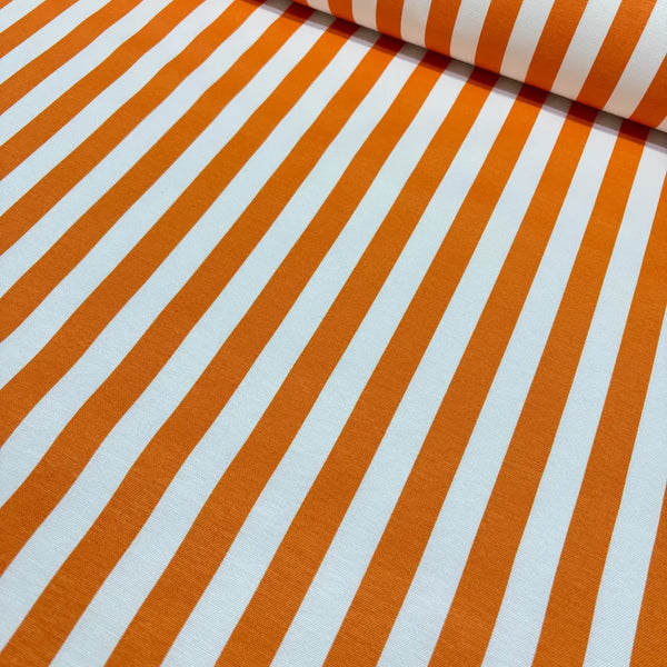 Bright orange and white thin stripe pattern cotton canvas upholstery fabric.
