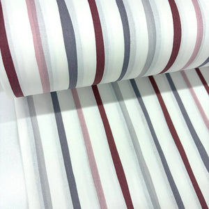 Painted stripe cotton poplin fabric with blush pink, burgundy and grey vertical stripes on a white background.