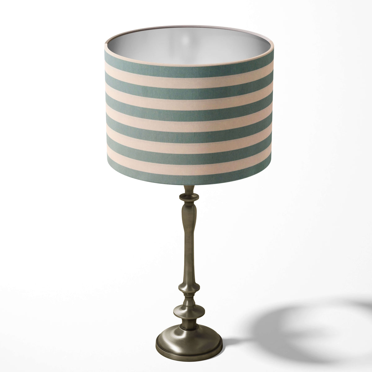 Table lampshade with teal green and white stripes on a white background.