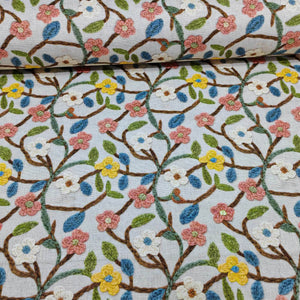 Pastel floral upholstery fabric featuring blossom flowers in pink, blue, yellow and white.