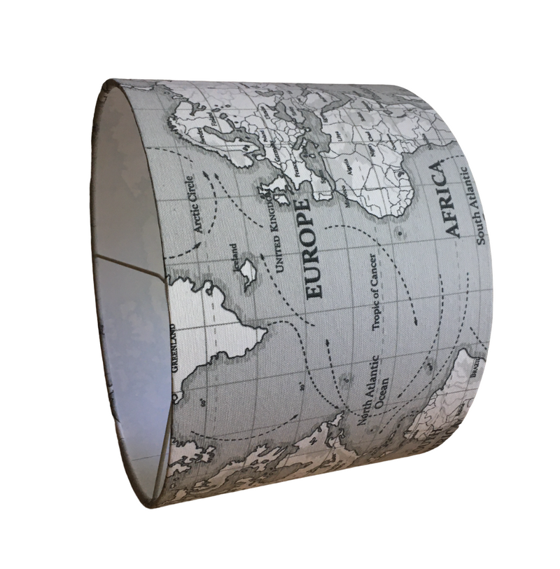 World Map Lamp Shade, Grey Drum Lampshade, Atlas Handmade Pendant Shade