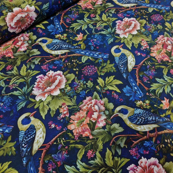 Bird and peony floral patterned cotton canvas upholstery curtain fabric.