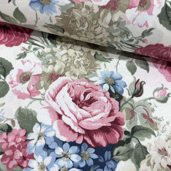 Rose Upholstery Fabric, Pink Blue Floral Shabby Chic Large Print Fabric