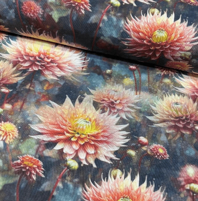 Water lily flower print botanical upholstery curtain fabric.