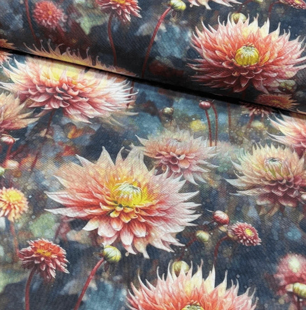Water lily flower print botanical upholstery curtain fabric.