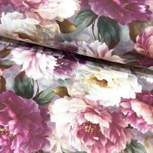 Large print pink purple peony floral patterned upholstery curtain fabric.