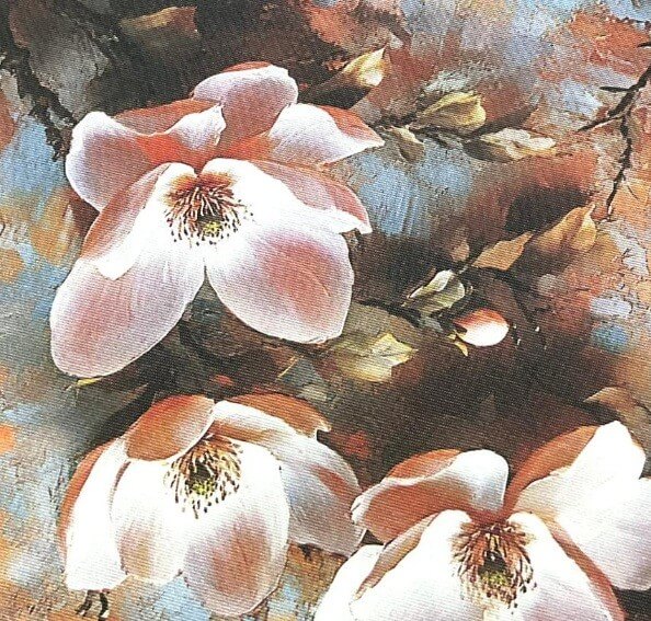 Close-up of pink floral upholstery curtain fabric in blush pink, brown and terracotta tones.