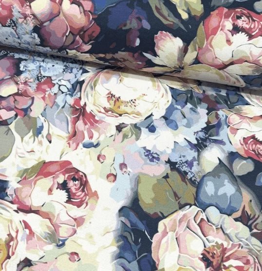 Abstract pink blue cabbage rose fabric for upholstery, curtain, soft furnishing ad home decor.