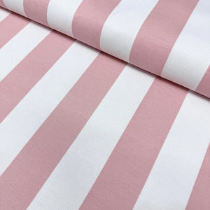 Blush pink and white wide stripe patterned upholstery curtain fabric.