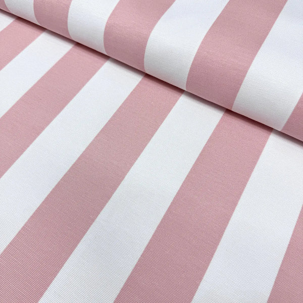 Blush pink and white wide stripe patterned upholstery curtain fabric.