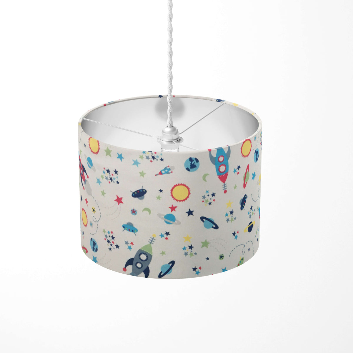 Kids room lampshade with space-themed design on a white background.