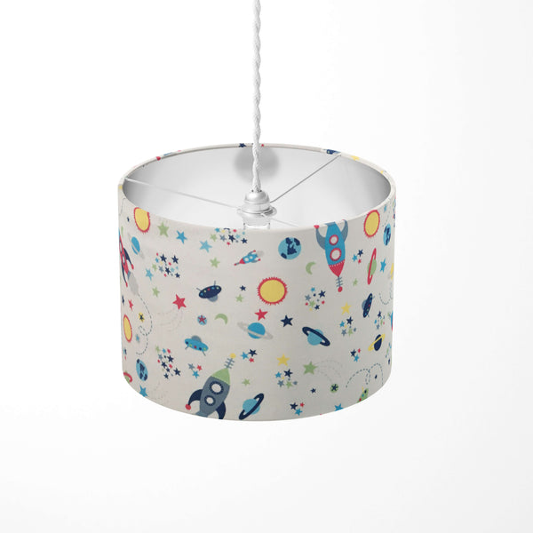 Kids room lampshade with space-themed design on a white background.