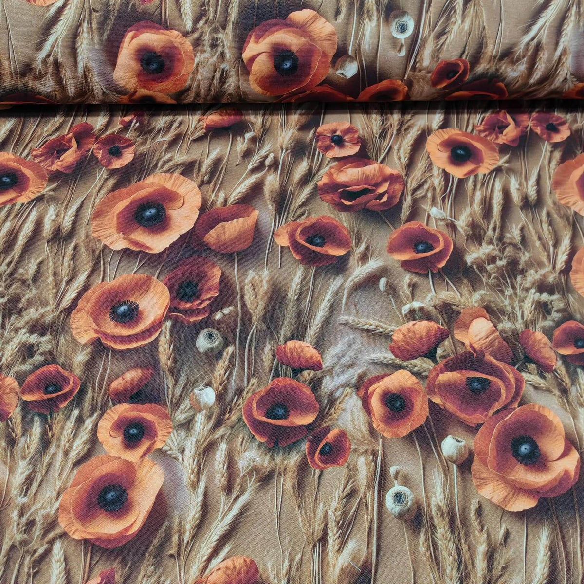 Rust red poppy flower and earthy wheat print upholstery curtain fabric.