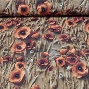 Rust red poppy flower and earthy wheat print upholstery curtain fabric.