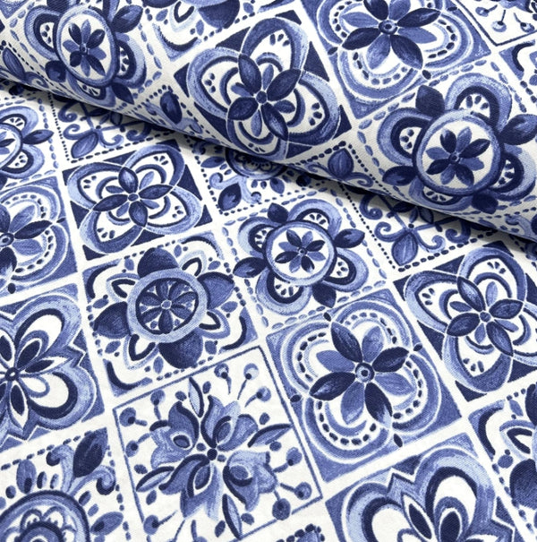 Blue and white floral patterned mediterranean tile fabric for upholstery curtain soft furnishing and home decor.