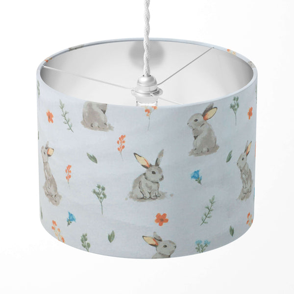 Woodland rabbit print lampshade on white bakground.