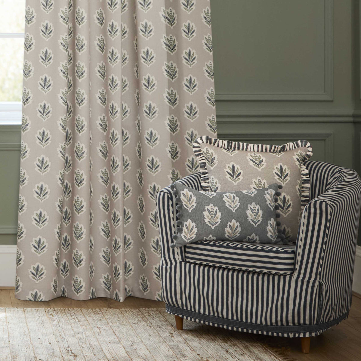 Sanderson Sessile Leaf Print Ready Made Pencil Pleat Flax Curtains