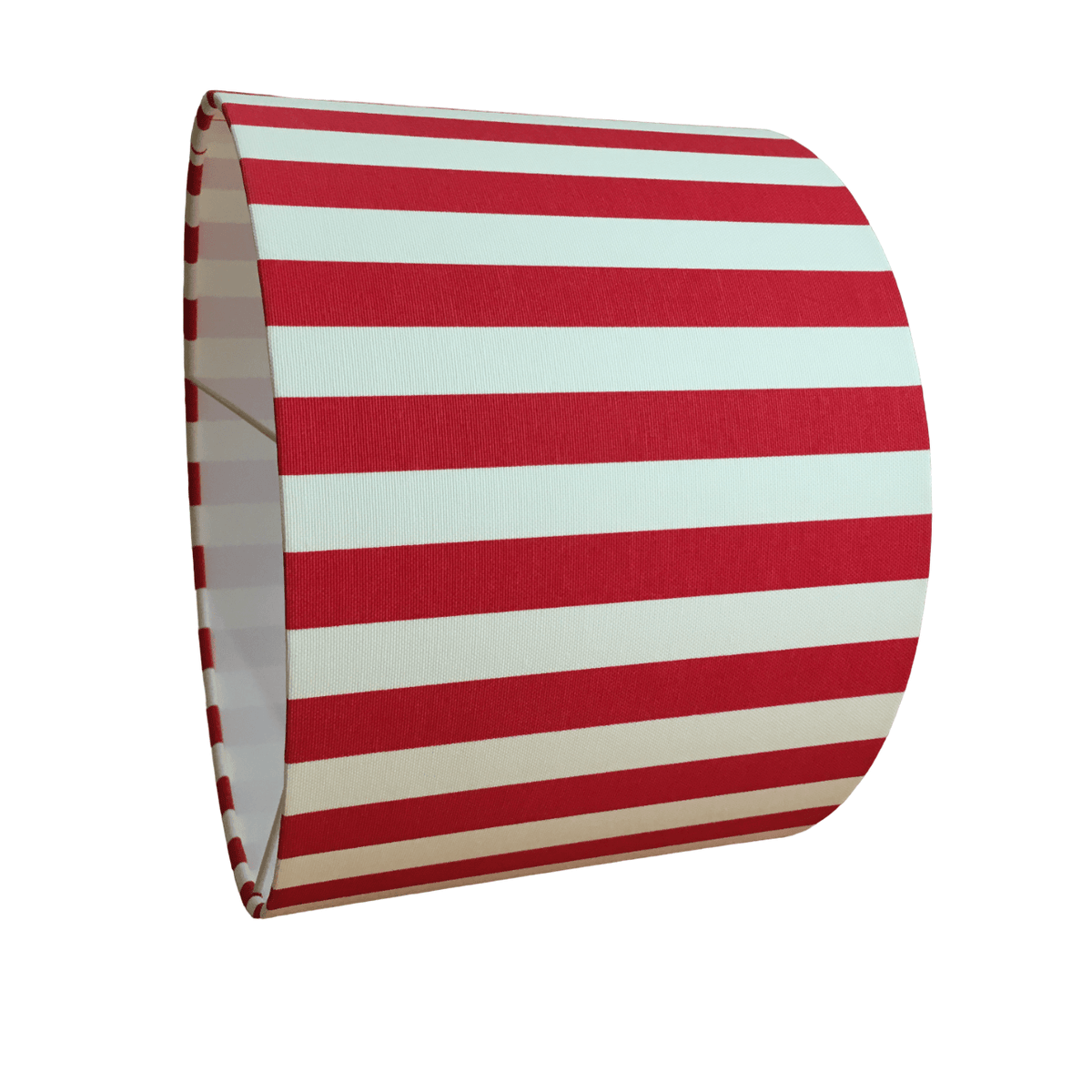 Red and white vertical stripe lampshade on a white background.