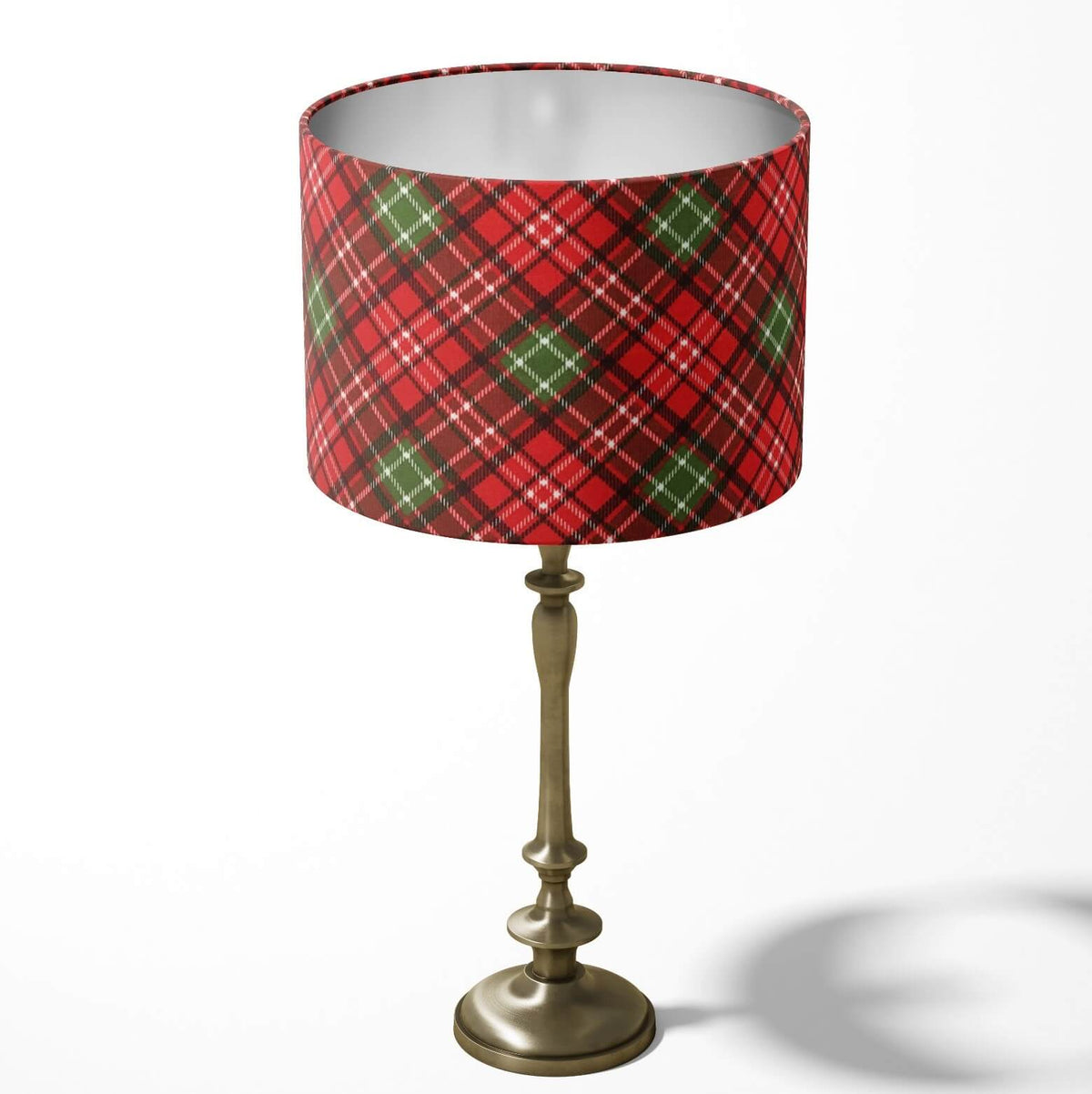 Christmas table lampshade with a red and green plaid pattern on a white background.