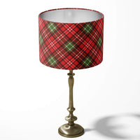 Christmas table lampshade with a red and green plaid pattern on a white background.