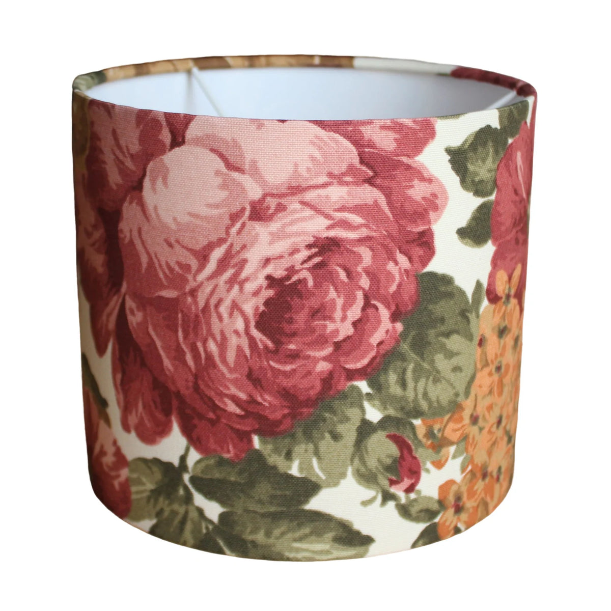 Close-up of red rose print drum lampshade.