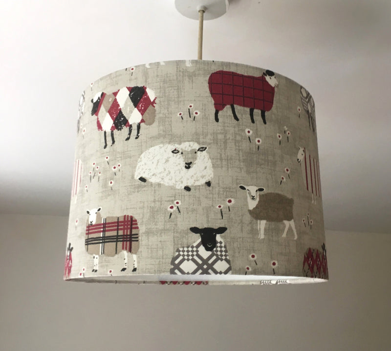 Sheep Lamp Shade, Farm Animal Lampshade, Red Grey Country Lampshade