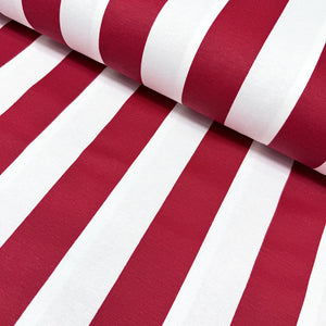 Bright red and white wide stripe print cotton canvas upholstery curtain fabric.