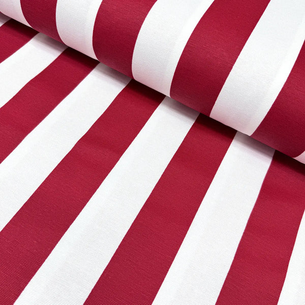 Bright red and white wide stripe print cotton canvas upholstery curtain fabric.