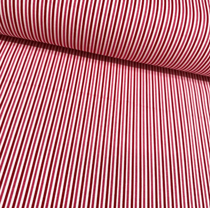 Red burgundy and white thin stripe cotton canvas fabric for upholstery curtain soft furnishing.